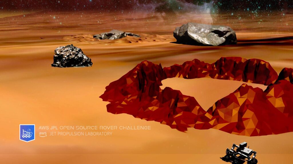 Martian terrain in yellow background with the craters on Mars. The image has virtual rovers on the surface of Mars.