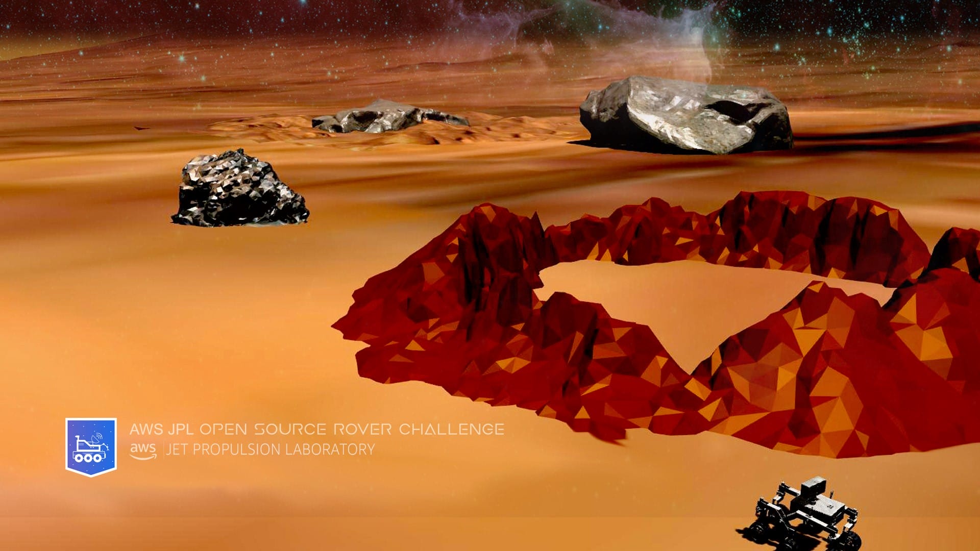 Martian terrain in yellow background with the craters on Mars. The image has virtual rovers on the surface of Mars.